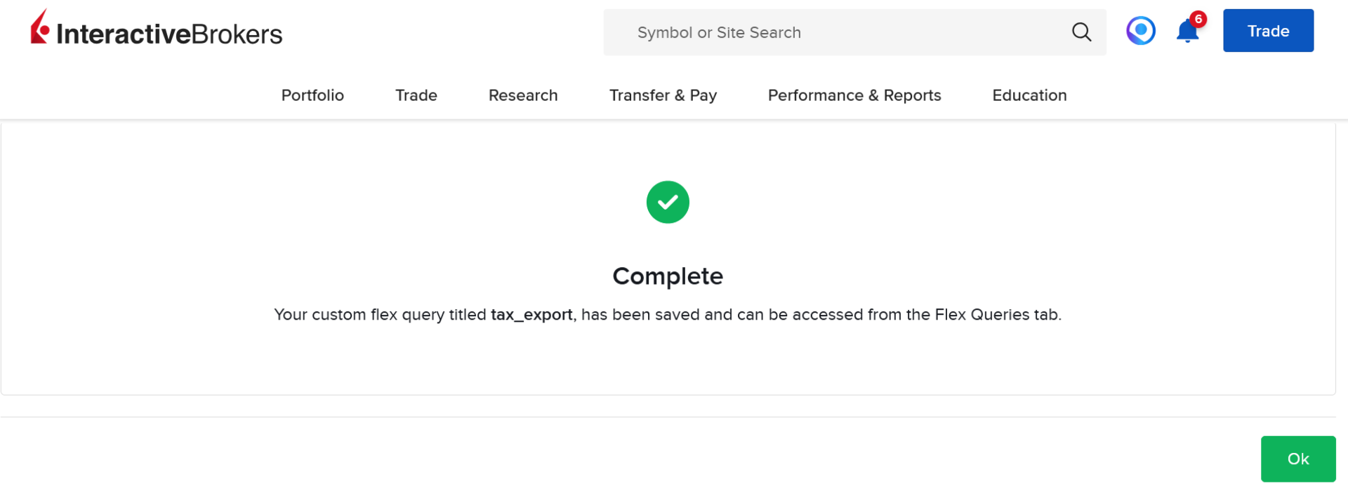Flex Query successfully created - confirmation screen