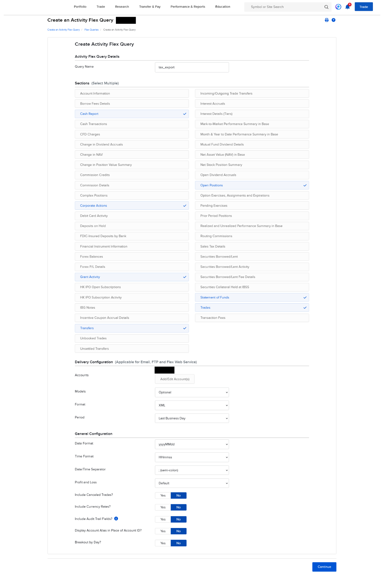 Complete overview of Flex Query configuration with all sections, delivery configuration and general settings
