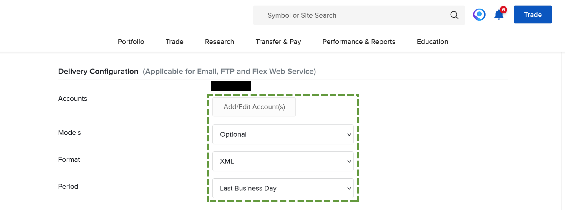 Delivery configuration with XML format