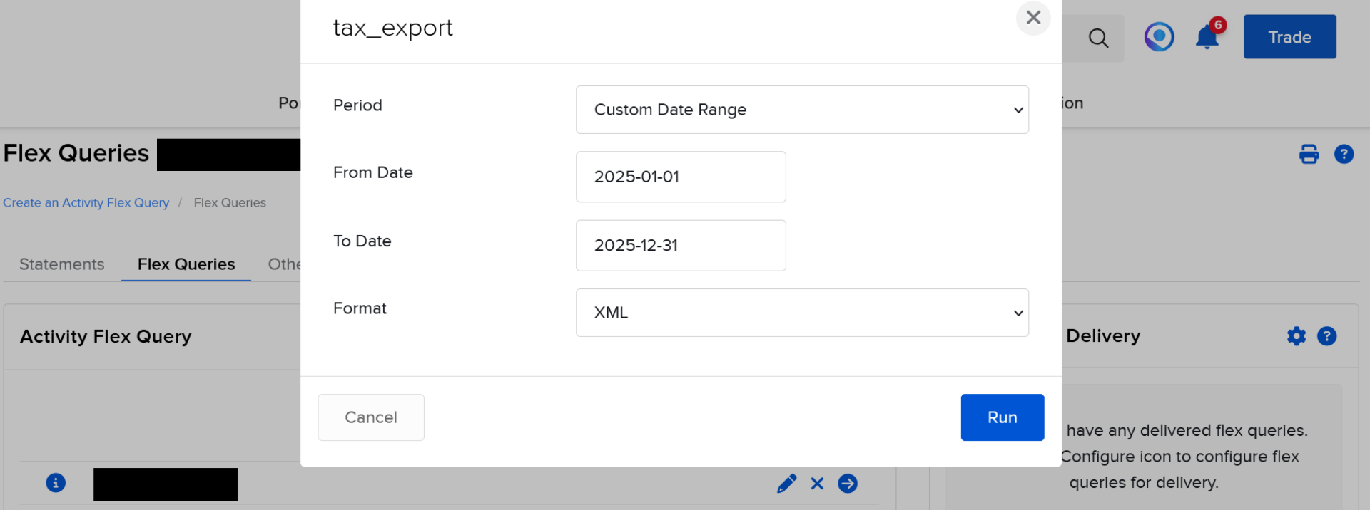 Export dialog with period selection and XML format