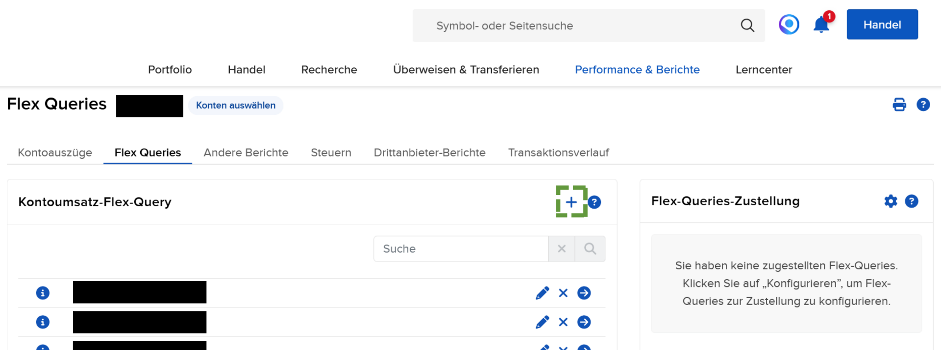 Neue Flex-Query erstellen mit Plus-Button