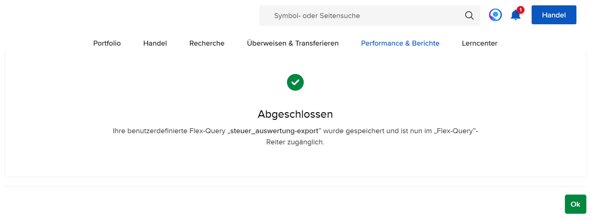 Flex-Query erfolgreich erstellt - Bestätigungsbildschirm
