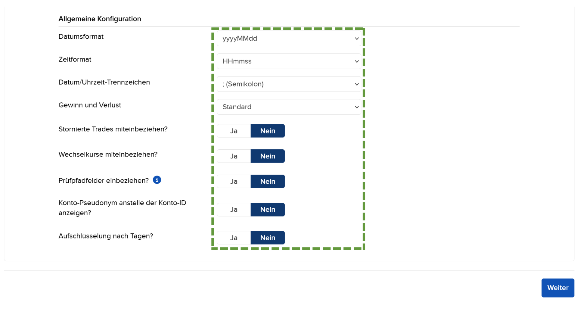Allgemeine Konfiguration mit Datumsformat und weiteren Einstellungen