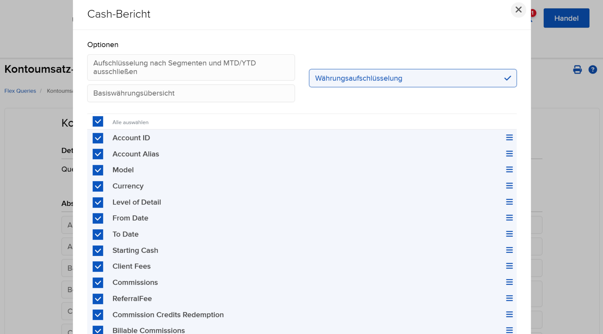 Konfiguration Cash-Bericht