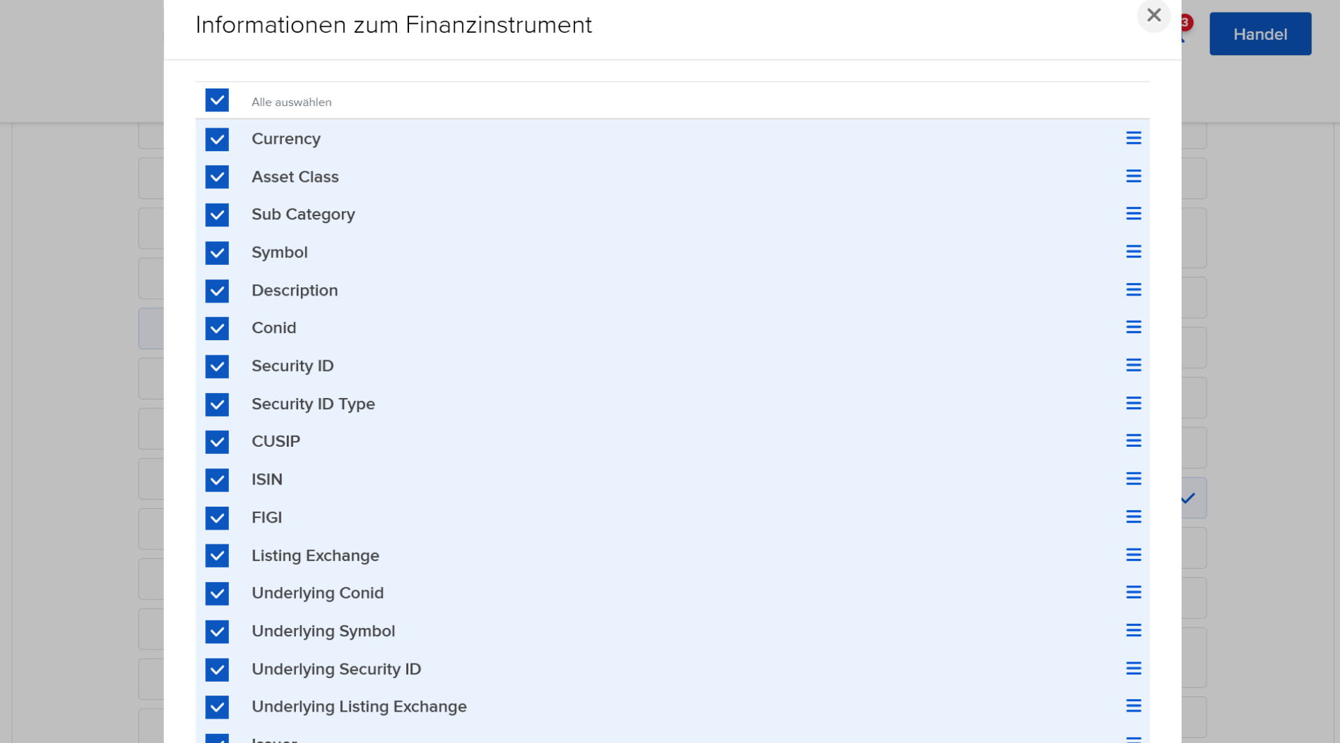 Konfiguration Informationen zum Finanzinstrument