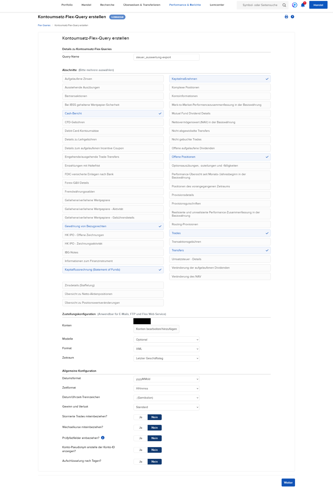 Gesamtübersicht der Flex-Query Konfiguration mit allen auszuwählenden Abschnitten, Zustellkonfiguration und allgemeinen Einstellungen