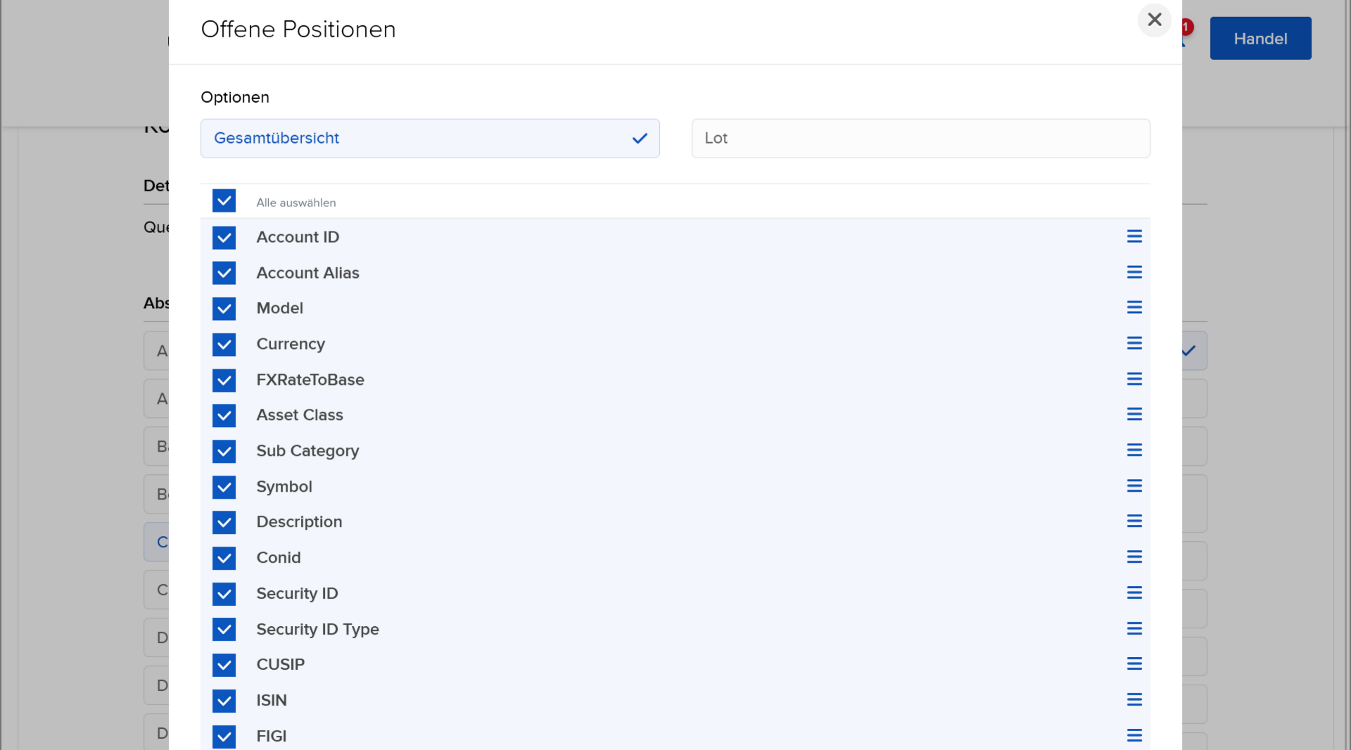 Konfiguration Offene Positionen