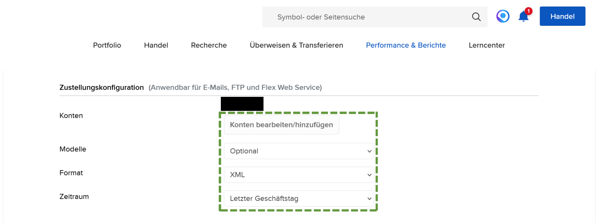 Zustellkonfiguration mit Format XML